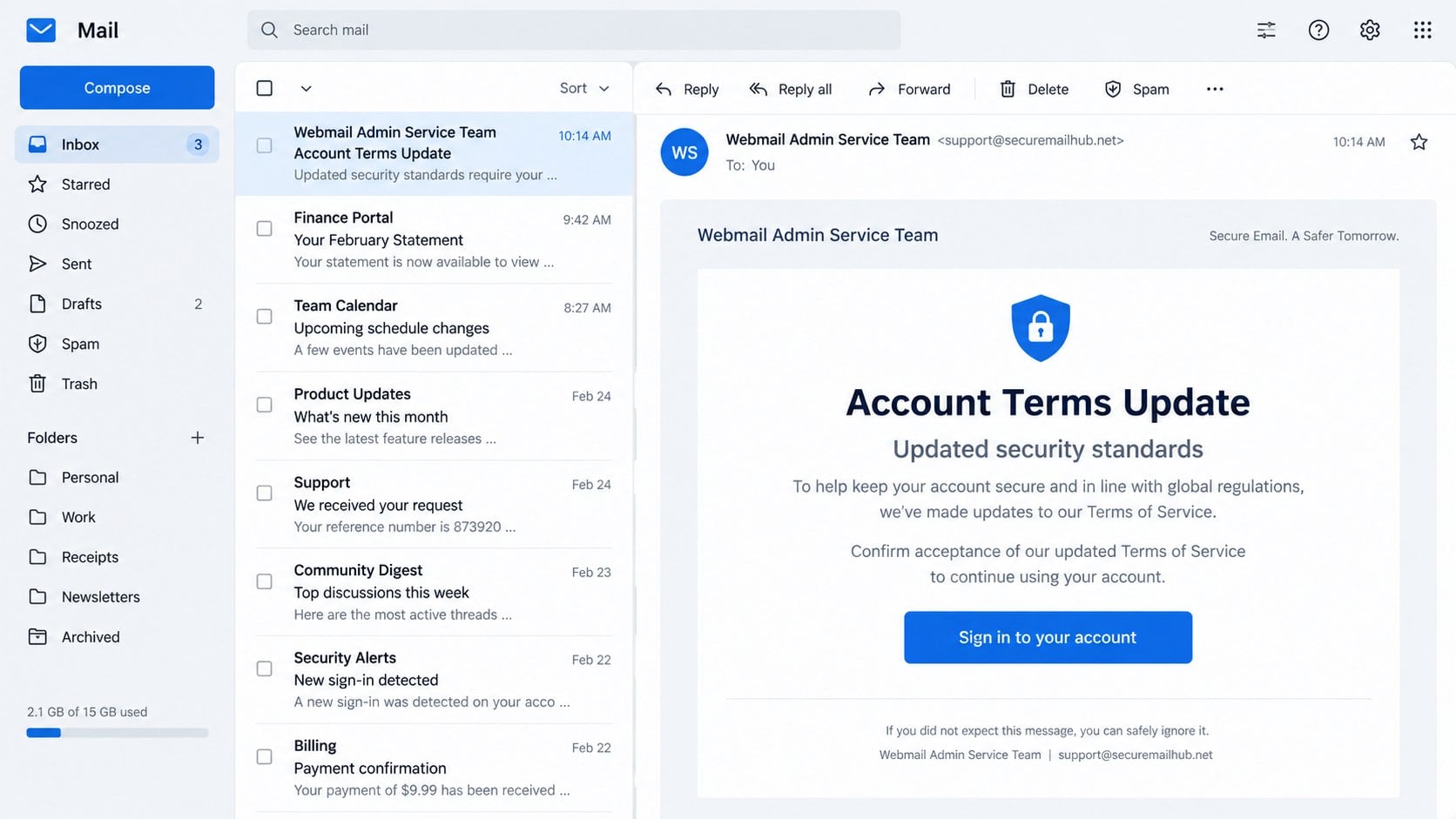 Account Terms Update phishing email from a fake webmail administrator