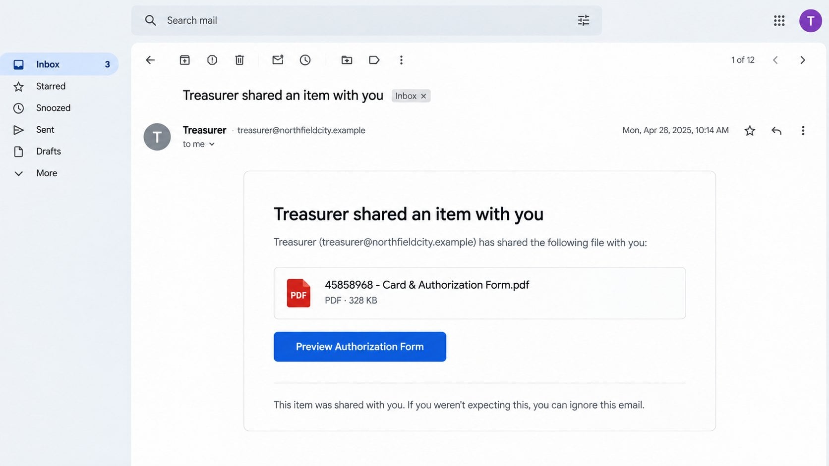 Illustrative Treasurer shared an item with you phishing email