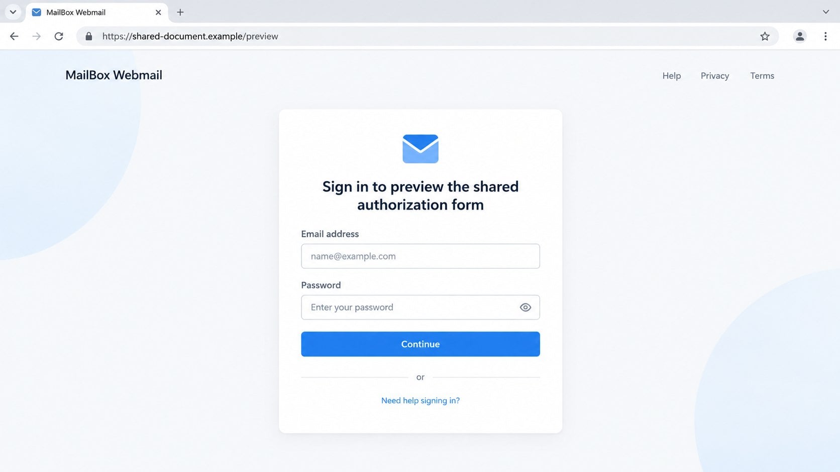 Illustrative fake MailBox Webmail page requesting credentials for a shared form