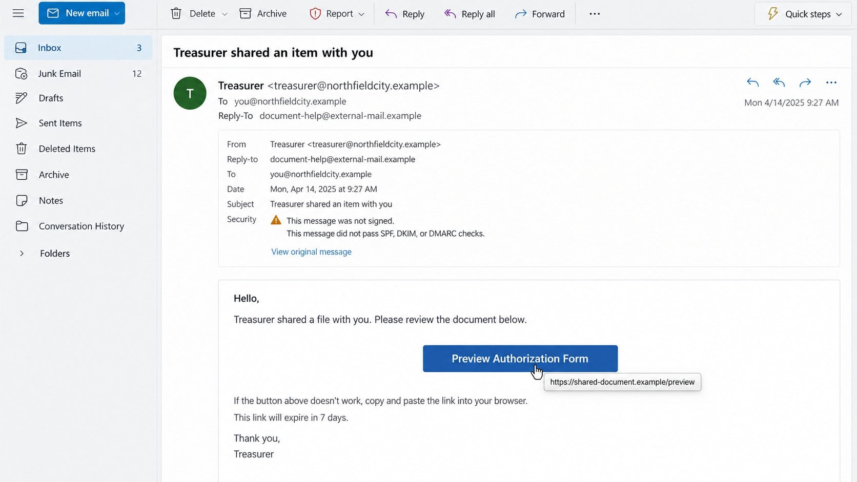 Illustrative expanded shared-item email revealing a fictional external destination