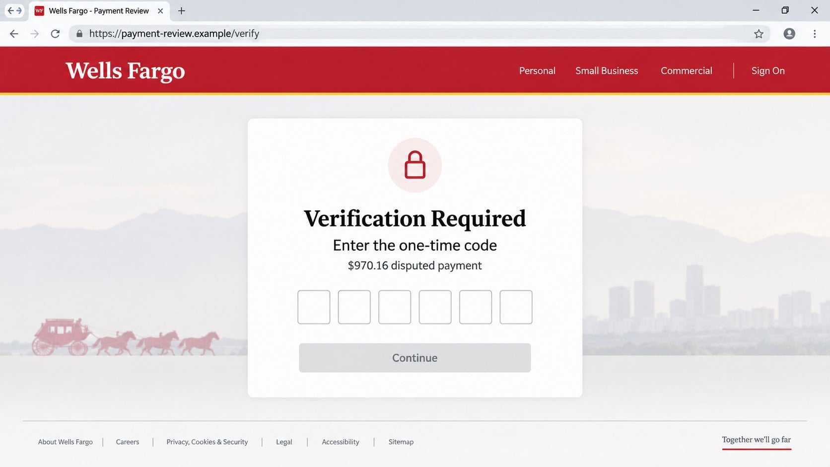 Illustrative fake Wells Fargo verification page requesting a one-time code