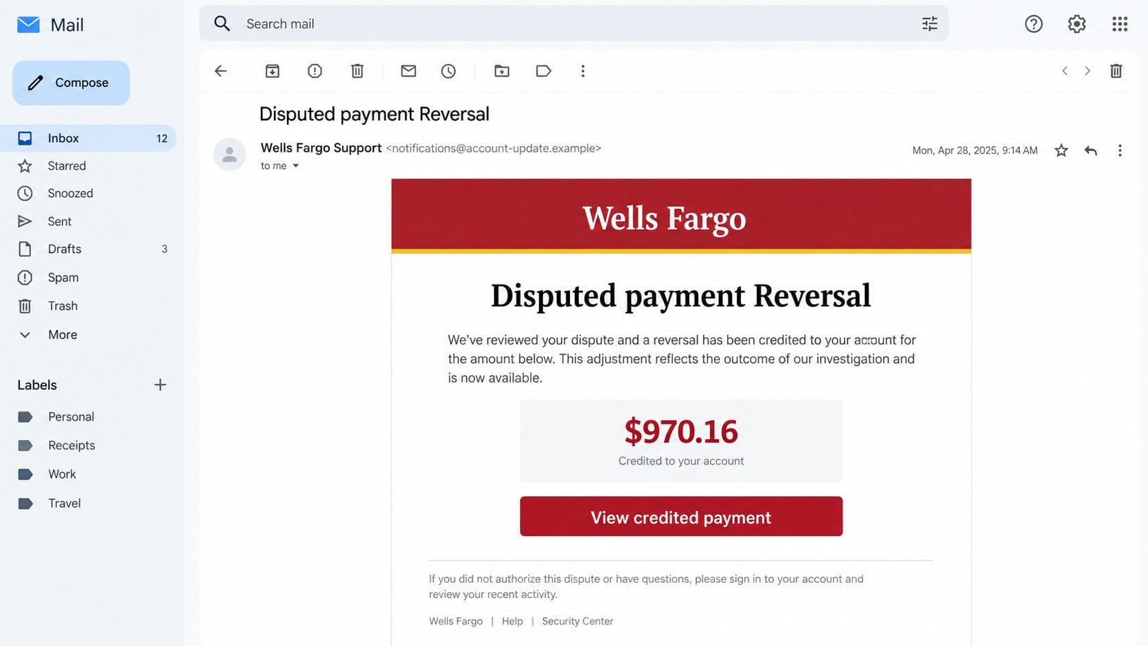 Illustrative Wells Fargo disputed payment reversal phishing email