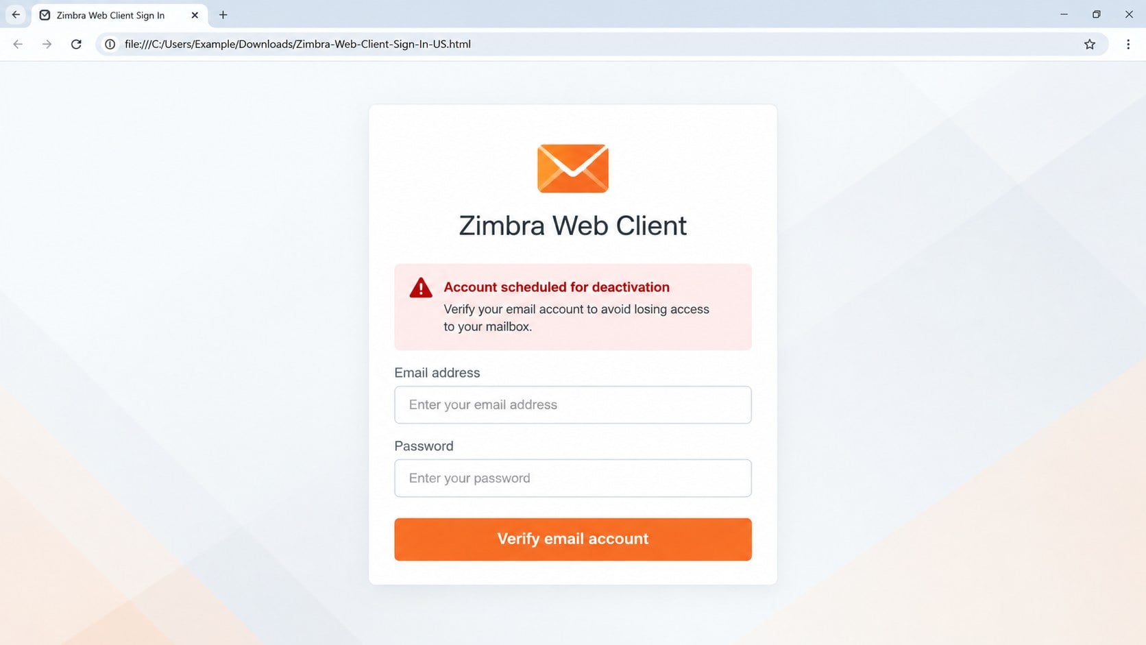 Fake Zimbra webmail login opened from a local HTML file
