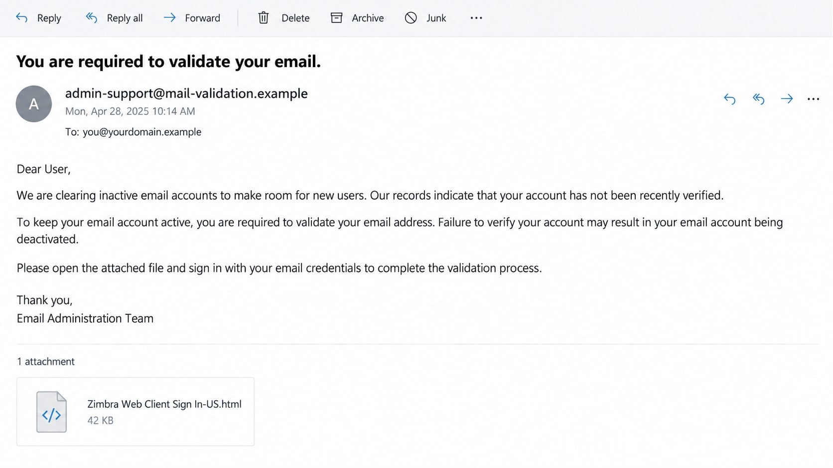 Clearing Inactive Email Accounts phishing message with HTML attachment