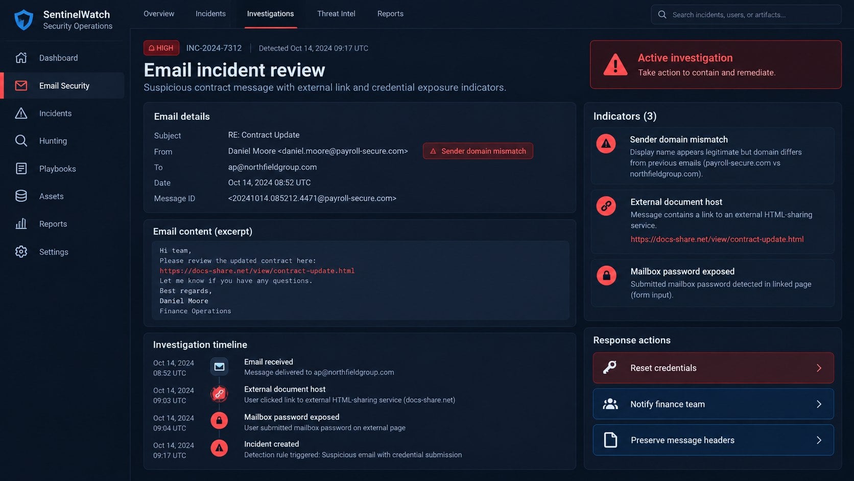 Security incident dashboard reviewing a suspicious contract email and exposed password