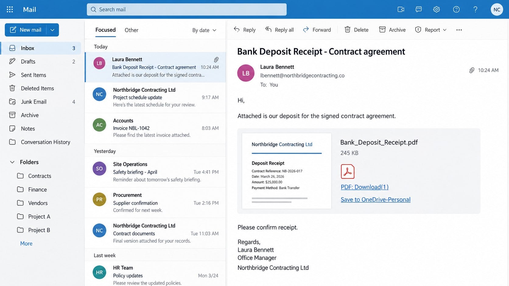 Contract deposit receipt phishing email with a fake PDF download link