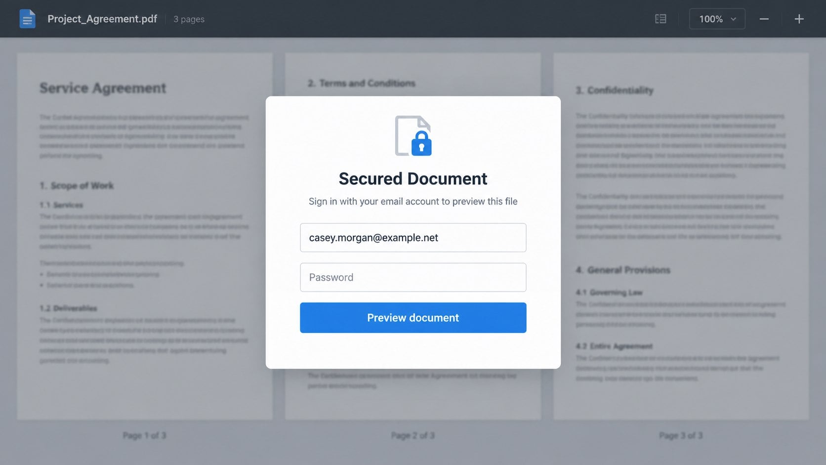 Fake secured contract document viewer requesting an email password