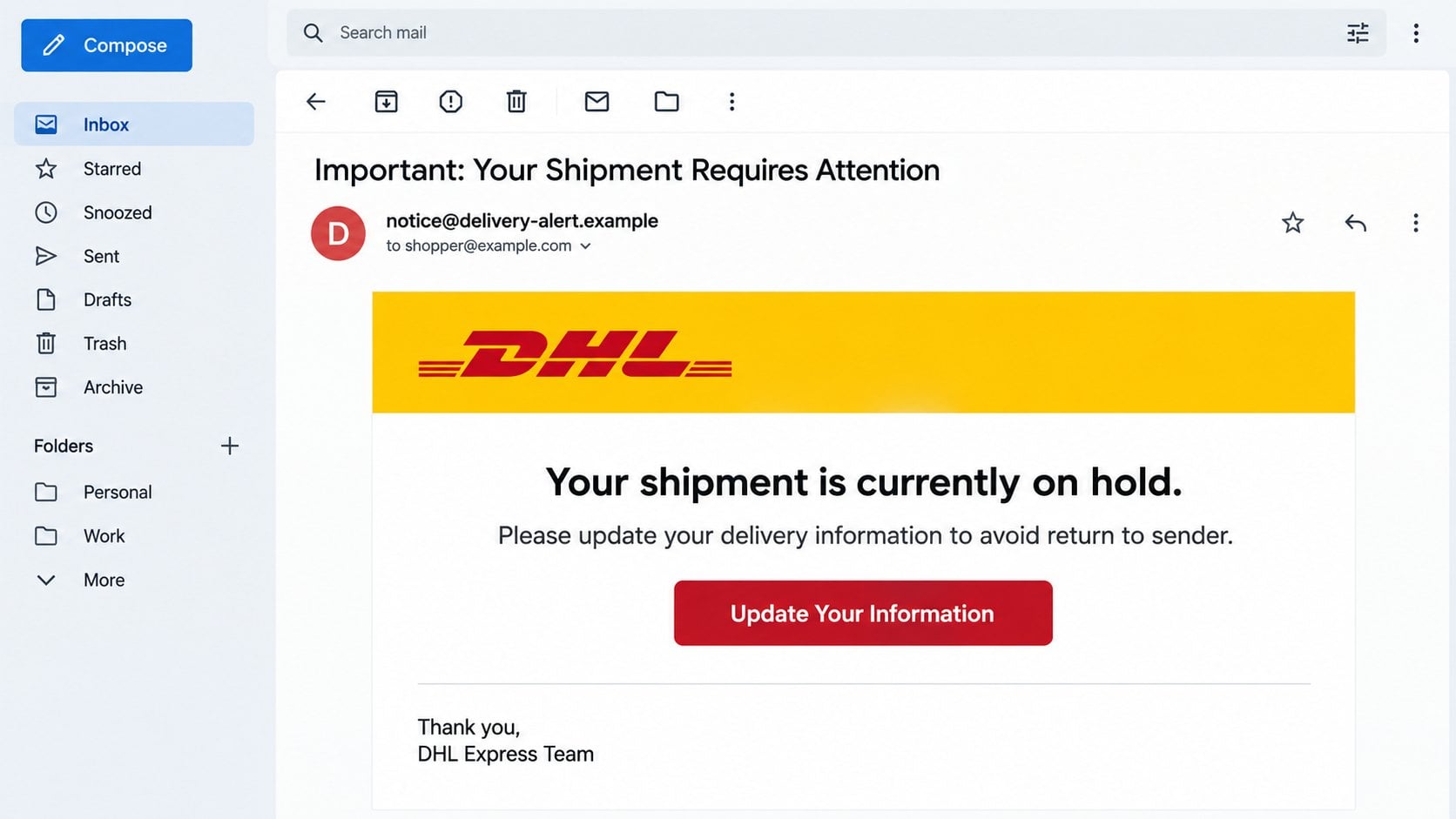 Illustrative DHL Express email claiming a shipment is on hold