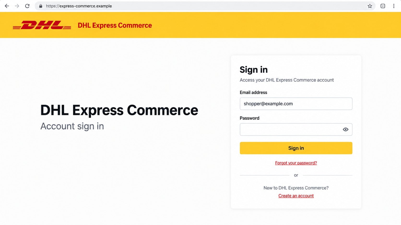 Illustrative DHL Express Commerce imitation requesting an email address and password