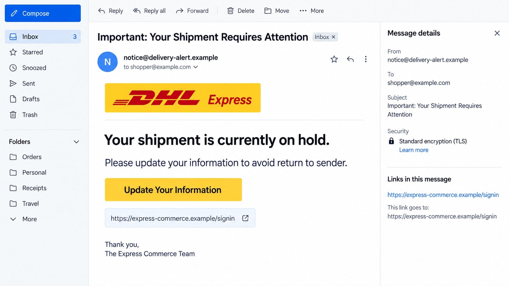 Illustrative shipment-hold email showing fictional sender details and a sign-in destination