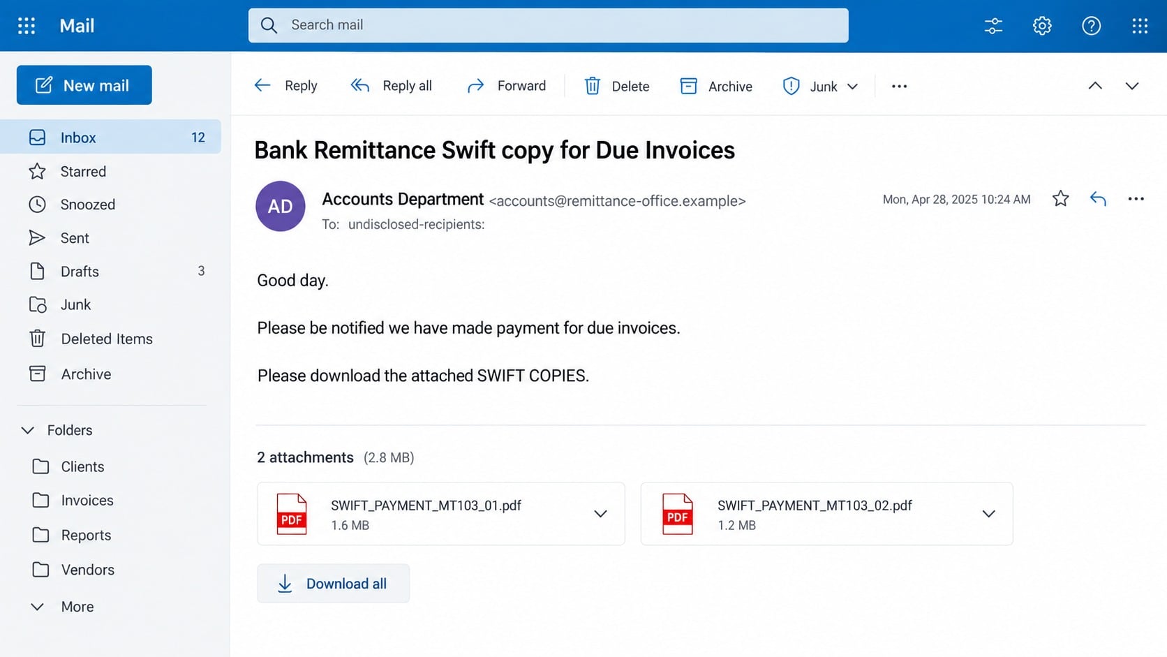 Due invoices payment phishing email offering fake SWIFT remittance copies