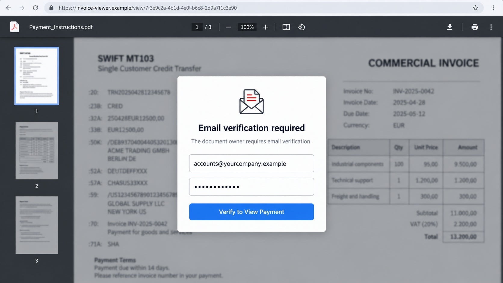 Counterfeit payment document viewer asking for business mailbox credentials