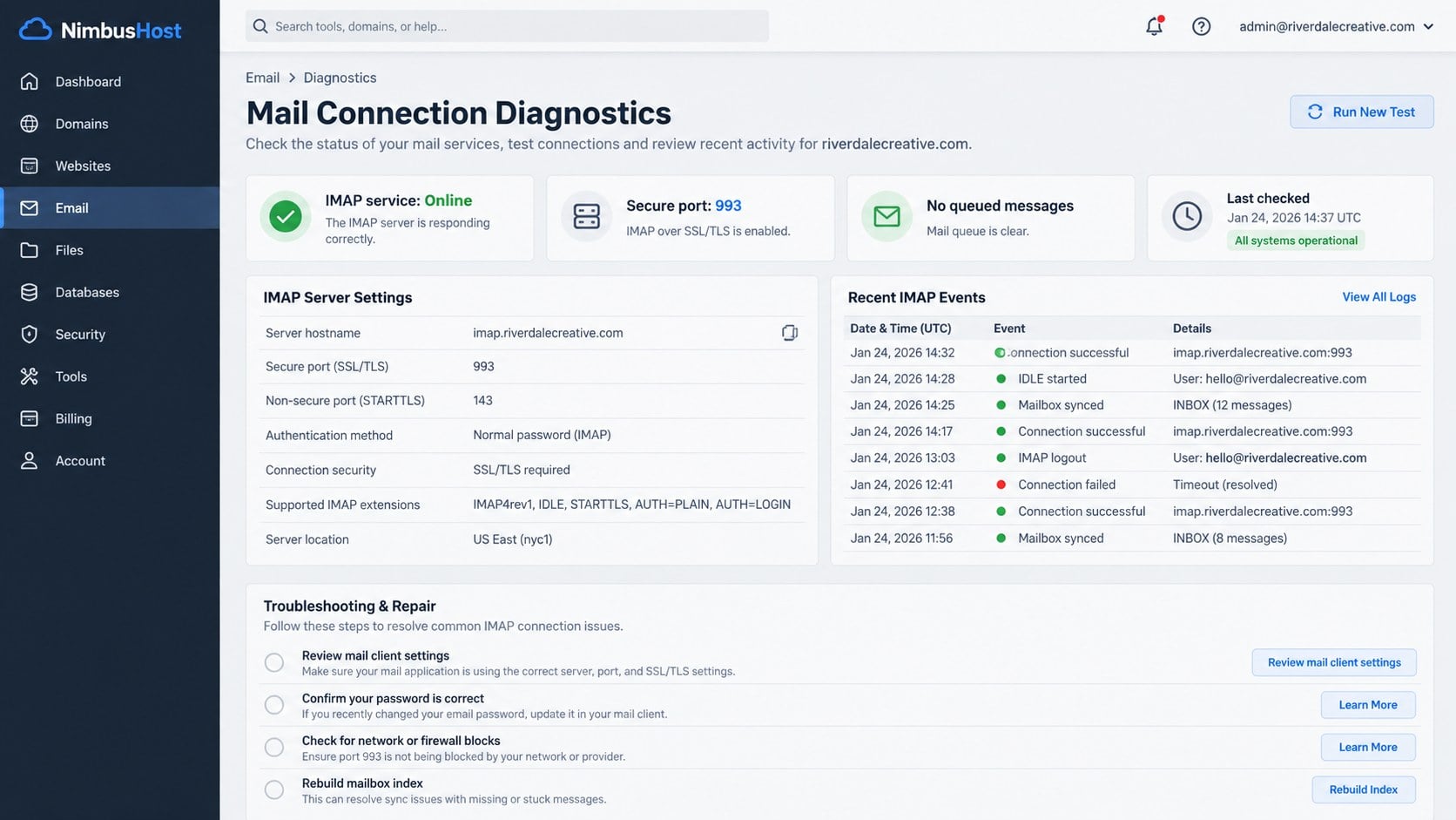 Legitimate mail connection diagnostics showing IMAP service and port settings