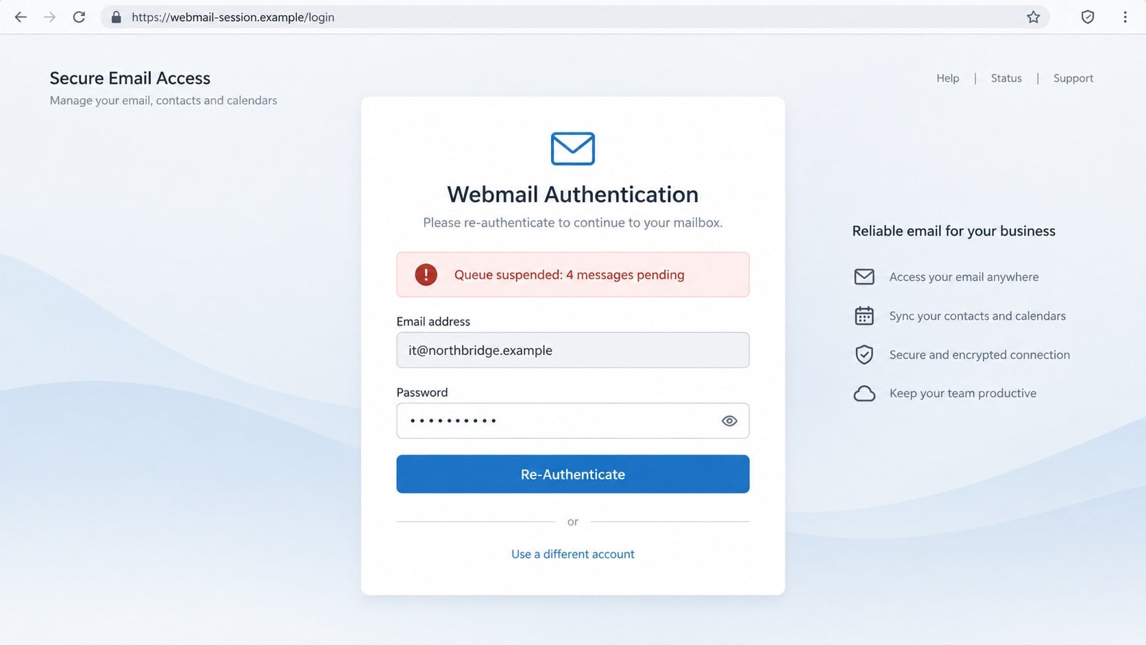 Fake webmail authentication page claiming the message queue is suspended