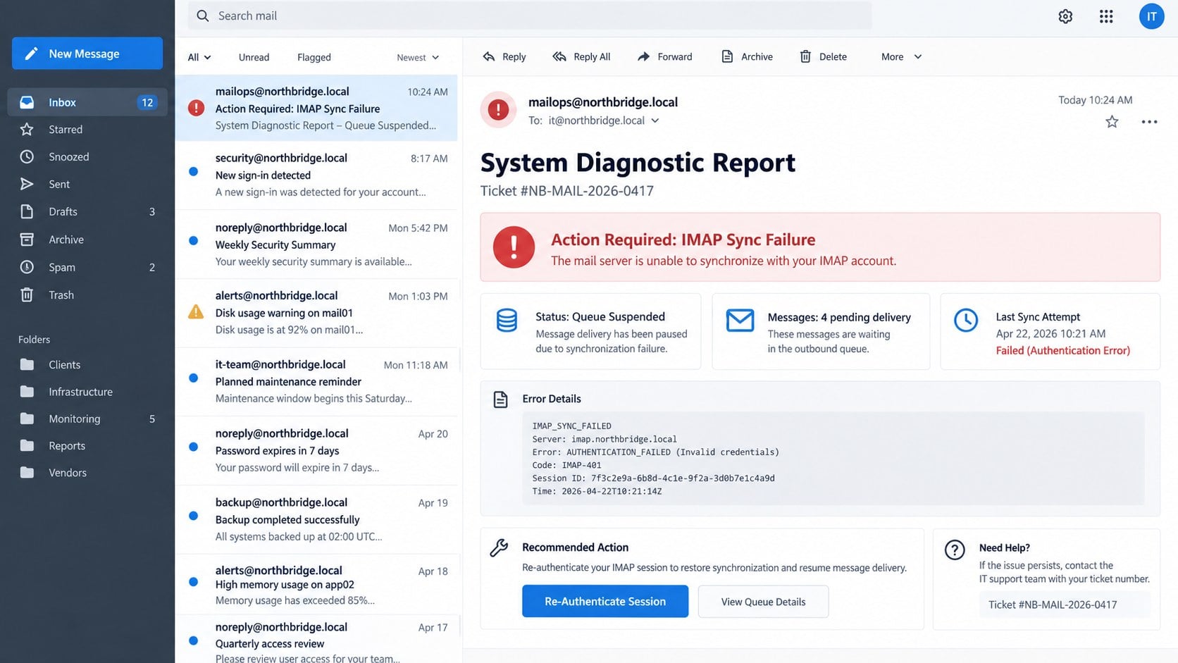 IMAP Sync Failure email claiming four messages are pending delivery