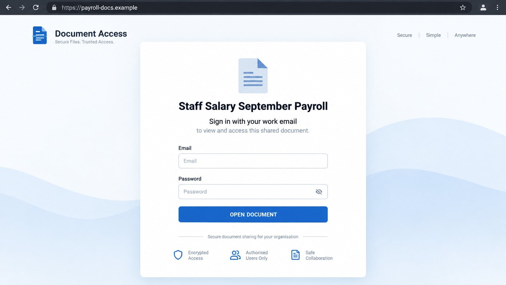 Illustrative fake payroll document access login page