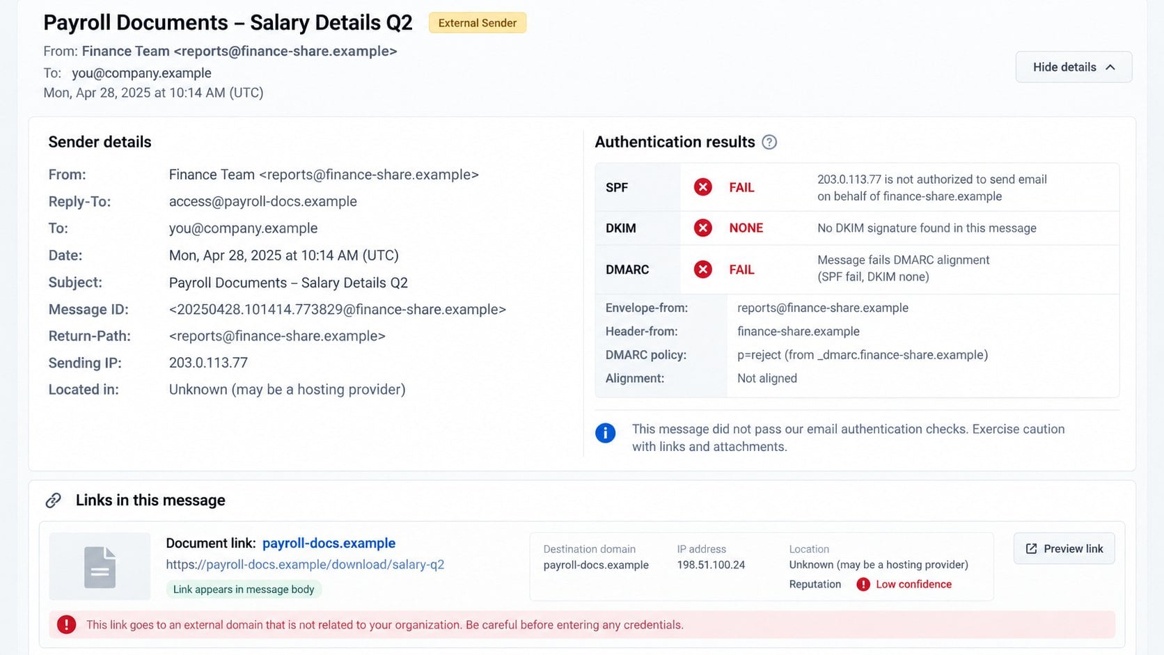 Illustrative payroll email sender details and external link warning