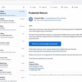 Illustrative shared revised proposal email with a document acknowledgment button