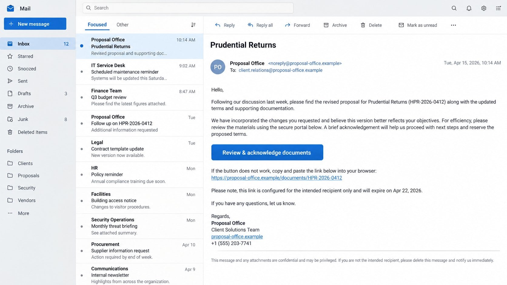 Illustrative shared revised proposal email with a document acknowledgment button