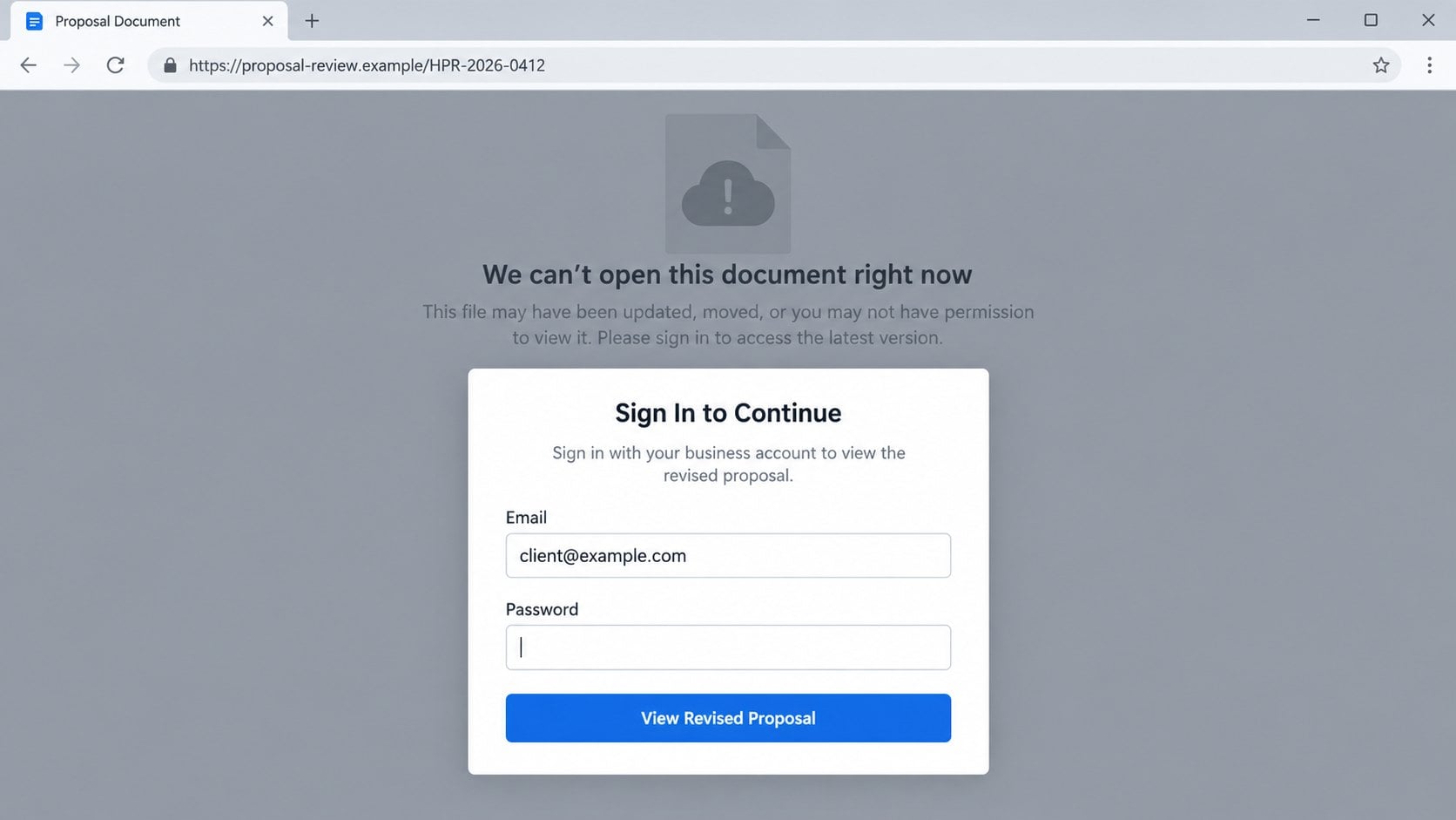Illustrative fake revised-proposal sign-in overlay on a fictional document page