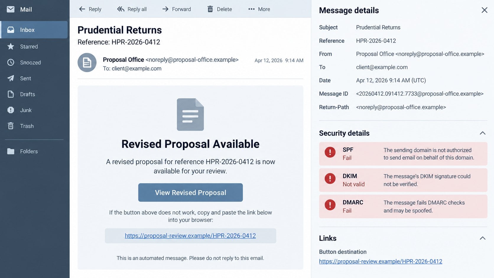 Illustrative expanded proposal-email details with a fictional sender and document link
