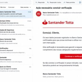 Illustrative Santander personal data confirmation email in Portuguese