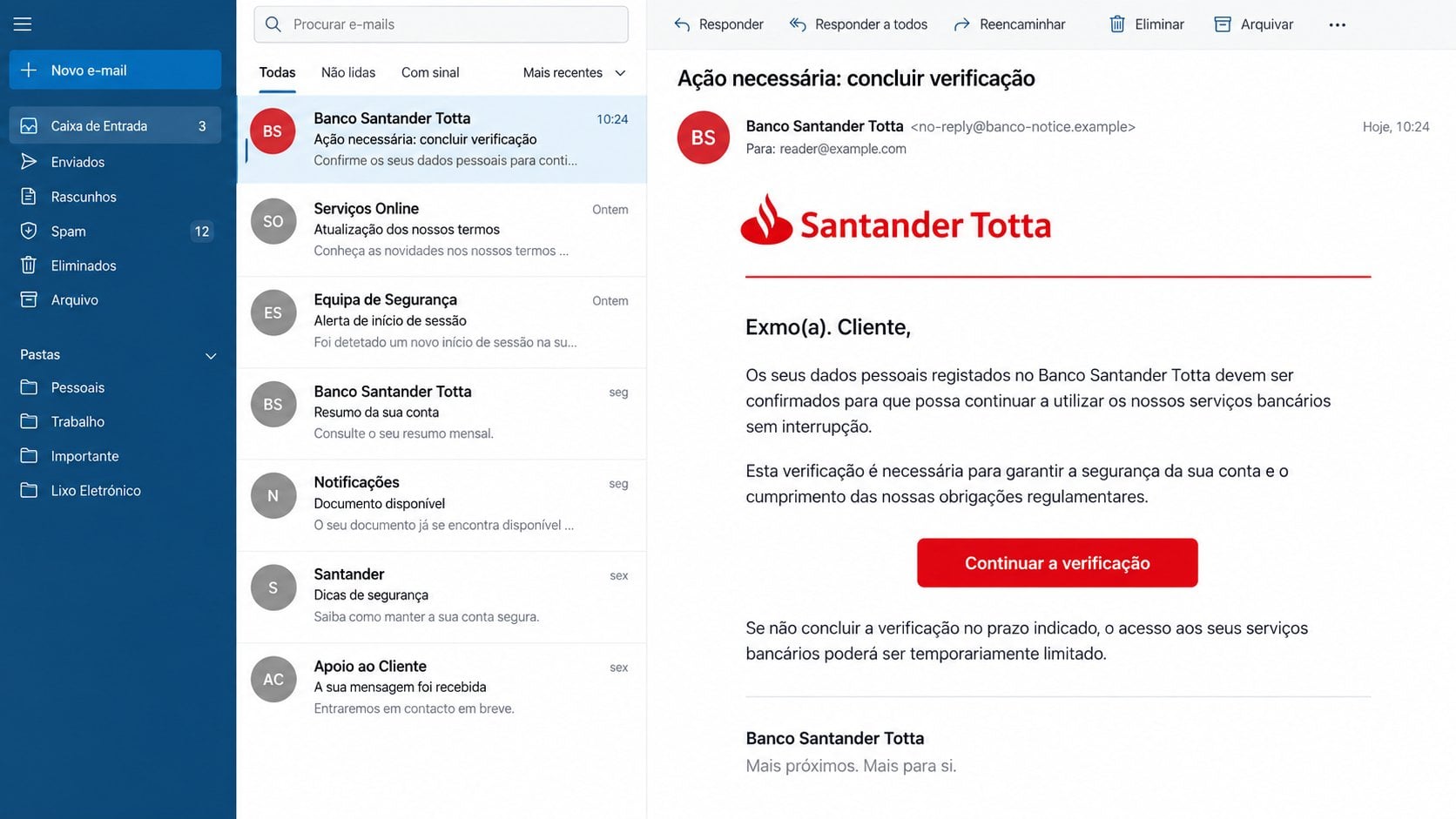 Illustrative Santander personal data confirmation email in Portuguese