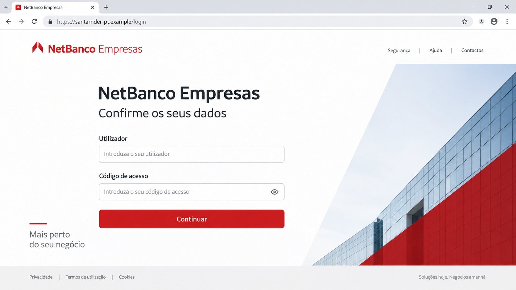 Illustrative fake NetBanco Empresas login using the misspelled fictional santarnder address