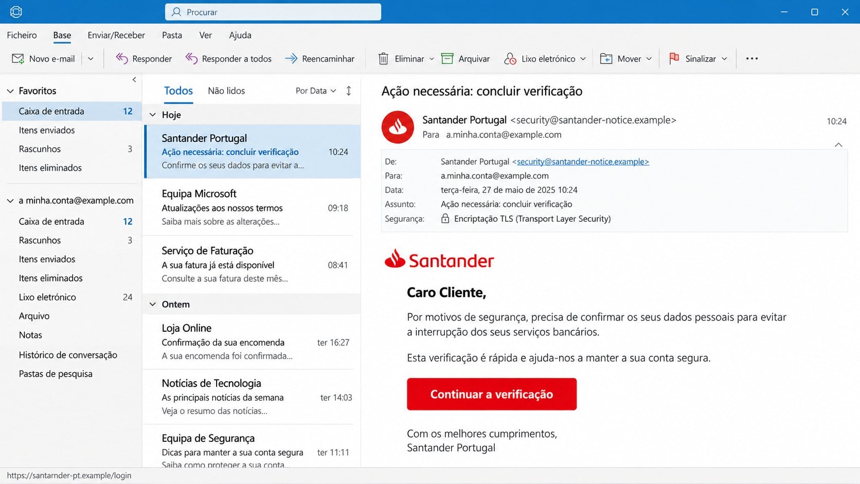 Illustrative Portuguese banking email exposing the fictional santarnder link spelling