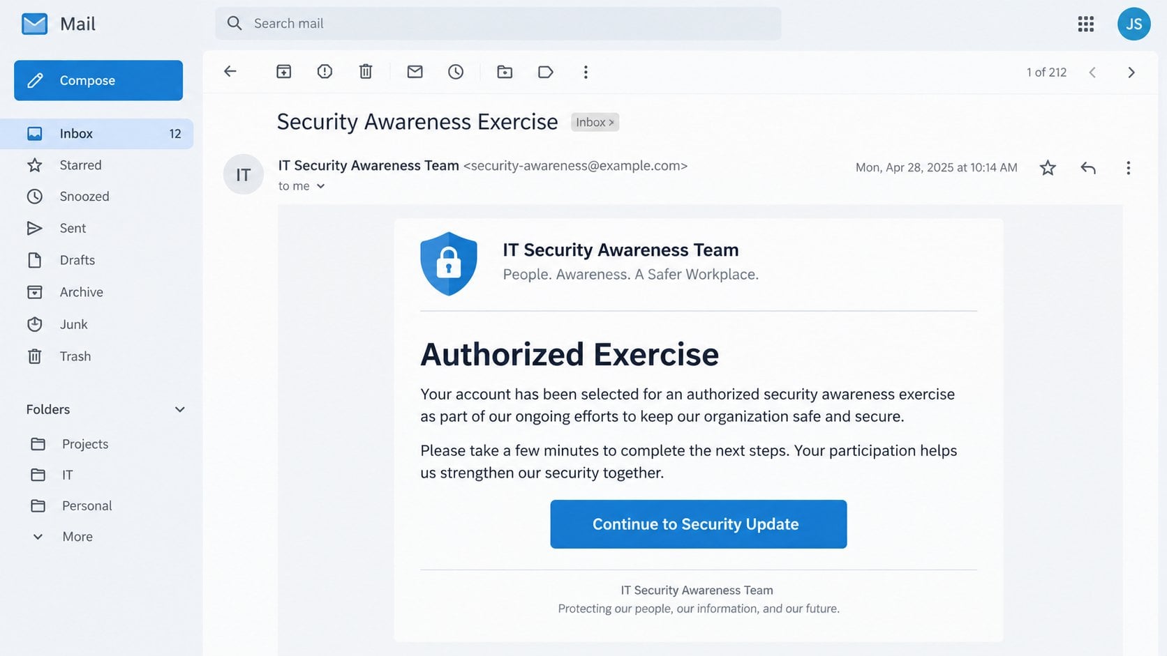 Illustrative Security Awareness Exercise phishing email from a fake IT team