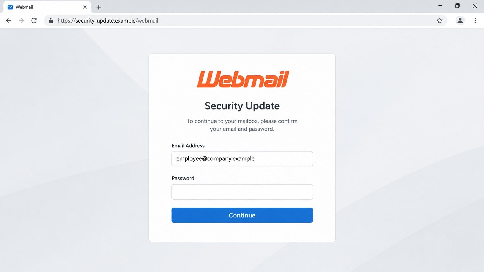 Illustrative fake Webmail security update login page