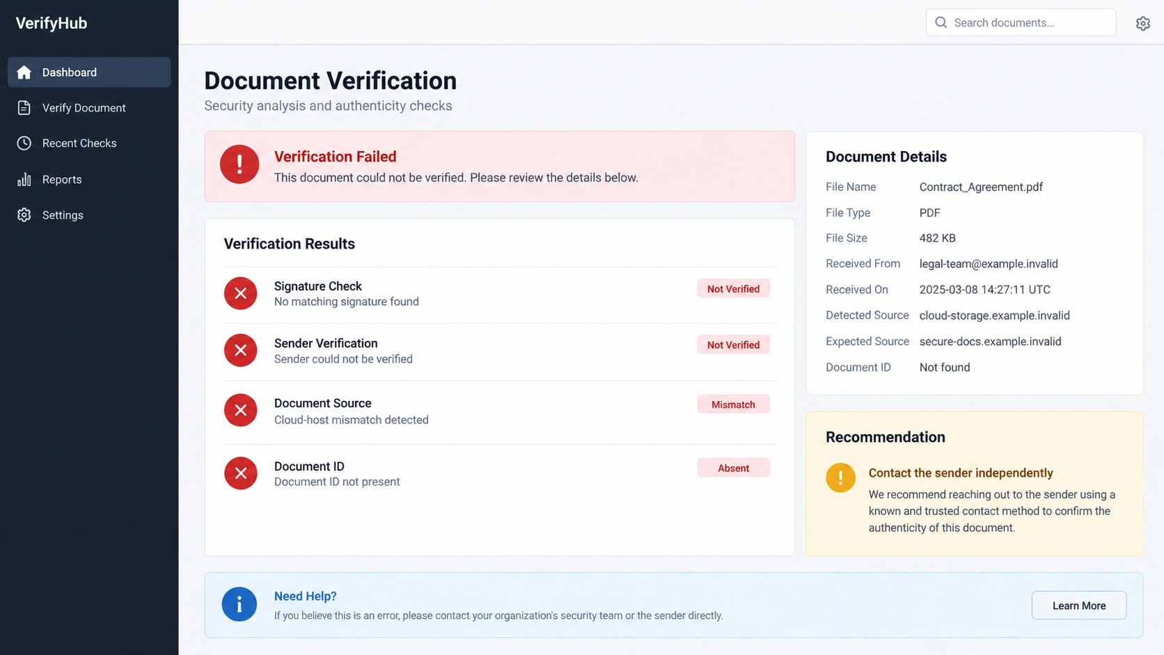 Document verification dashboard showing an unverified signature request