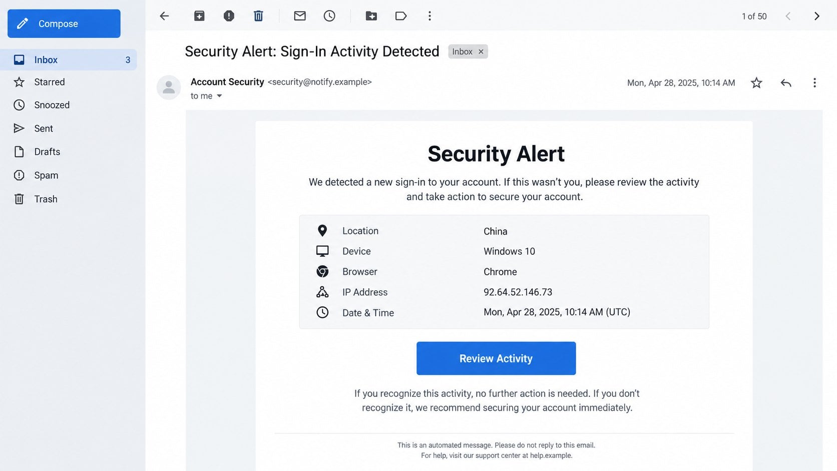 Illustrative Sign-In Activity Notice phishing email showing a login from China