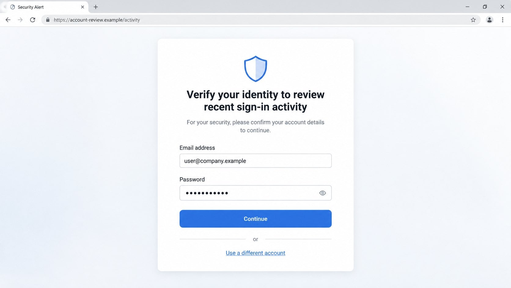 Illustrative fake identity verification page for recent sign-in activity