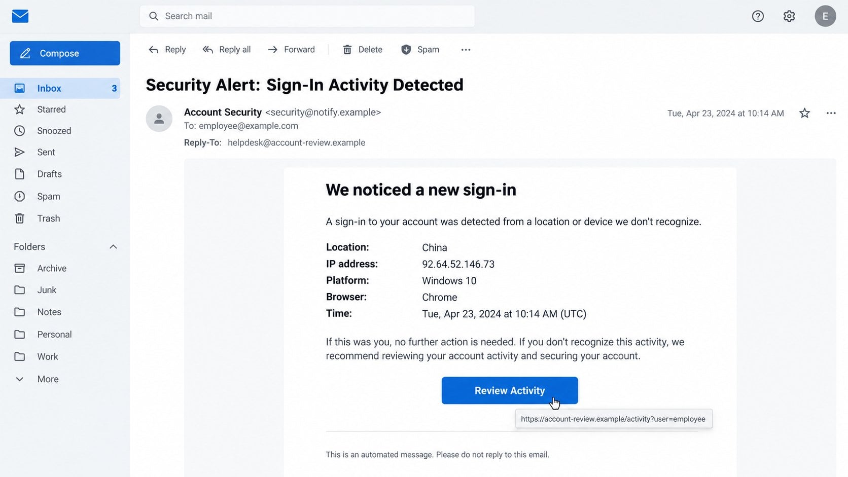 Illustrative sign-in alert details exposing a fictional mismatched sender and destination
