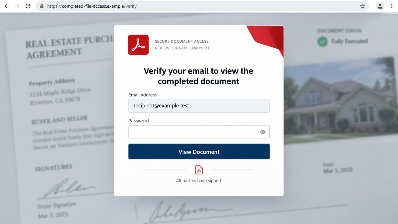 Fake email verification form displayed over a completed real estate agreement