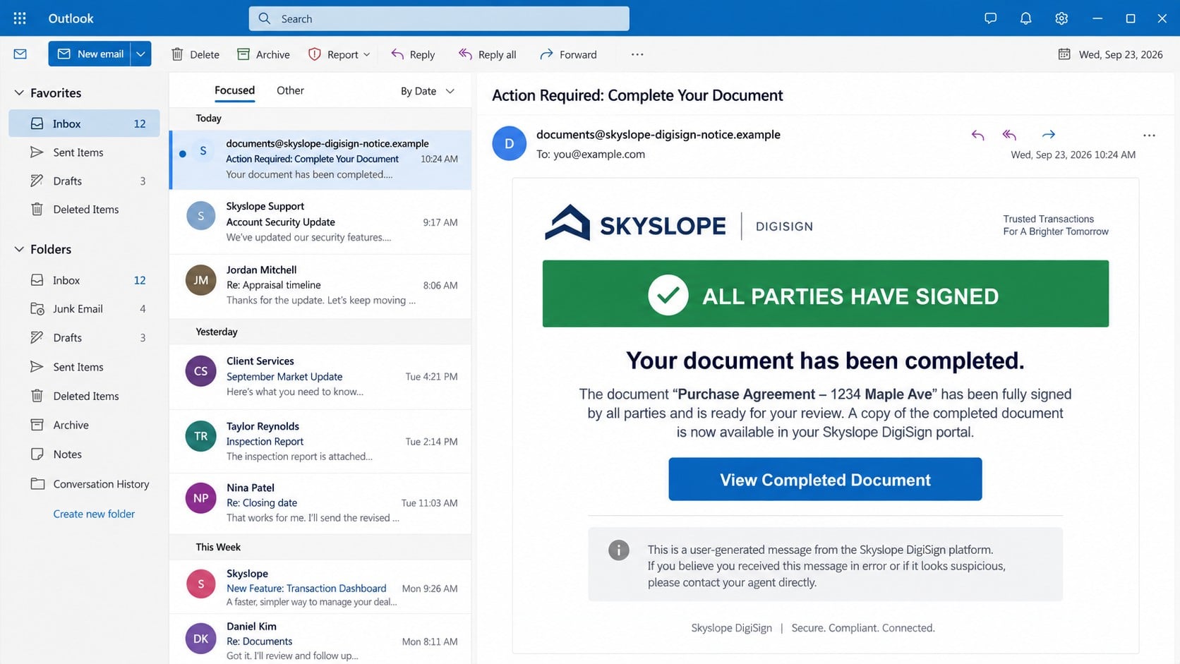SkySlope DigiSign document completed phishing email with a view document button