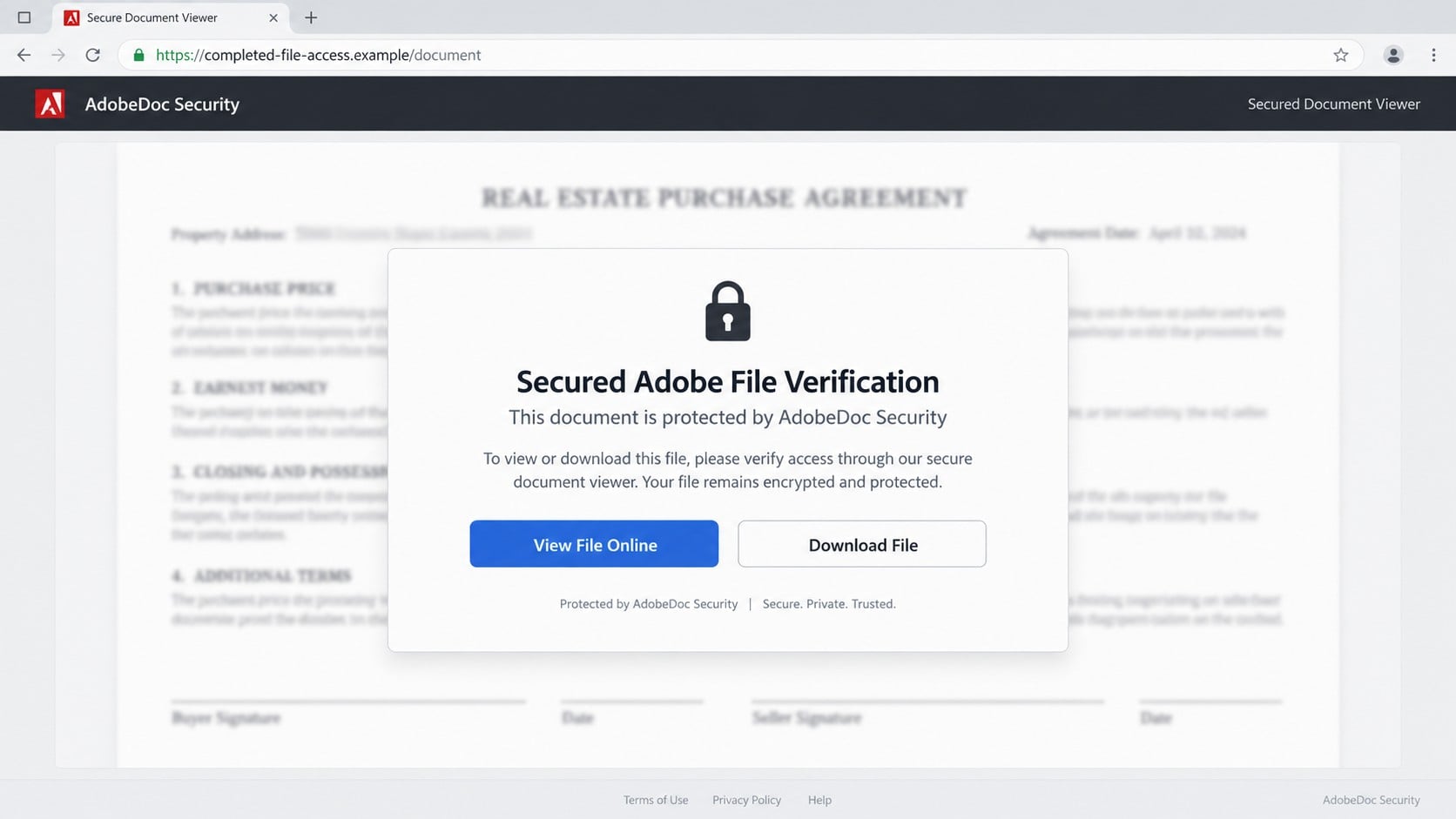 Counterfeit secured Adobe file verification page hiding a real estate document