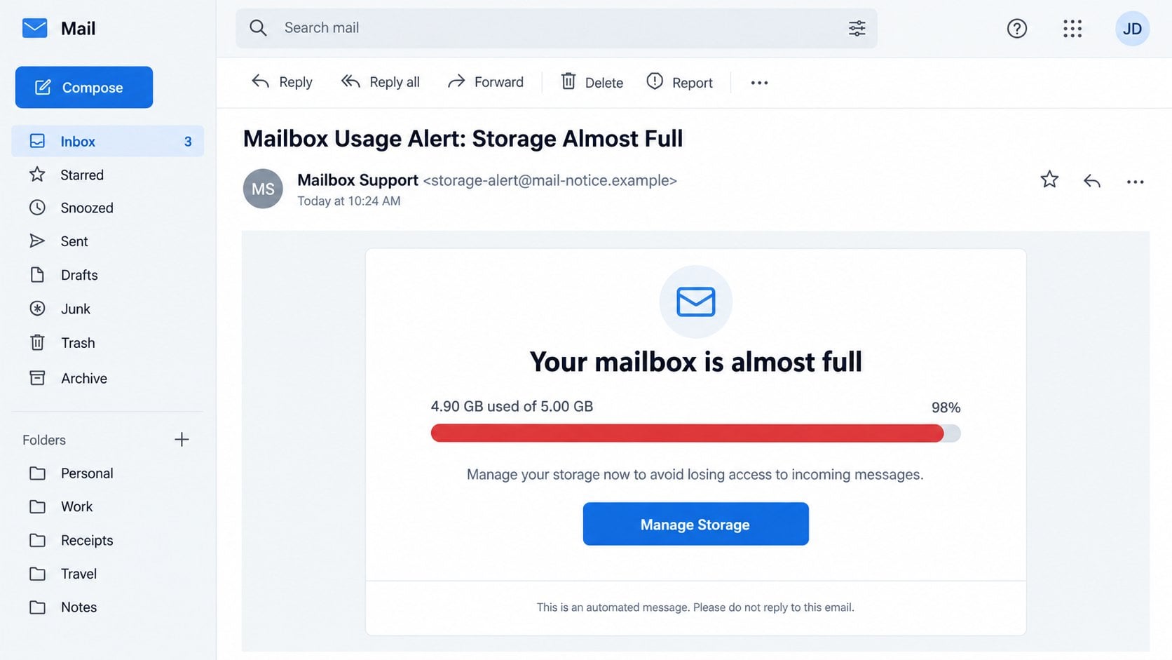 Illustrative Mailbox Usage Alert claiming storage is almost full