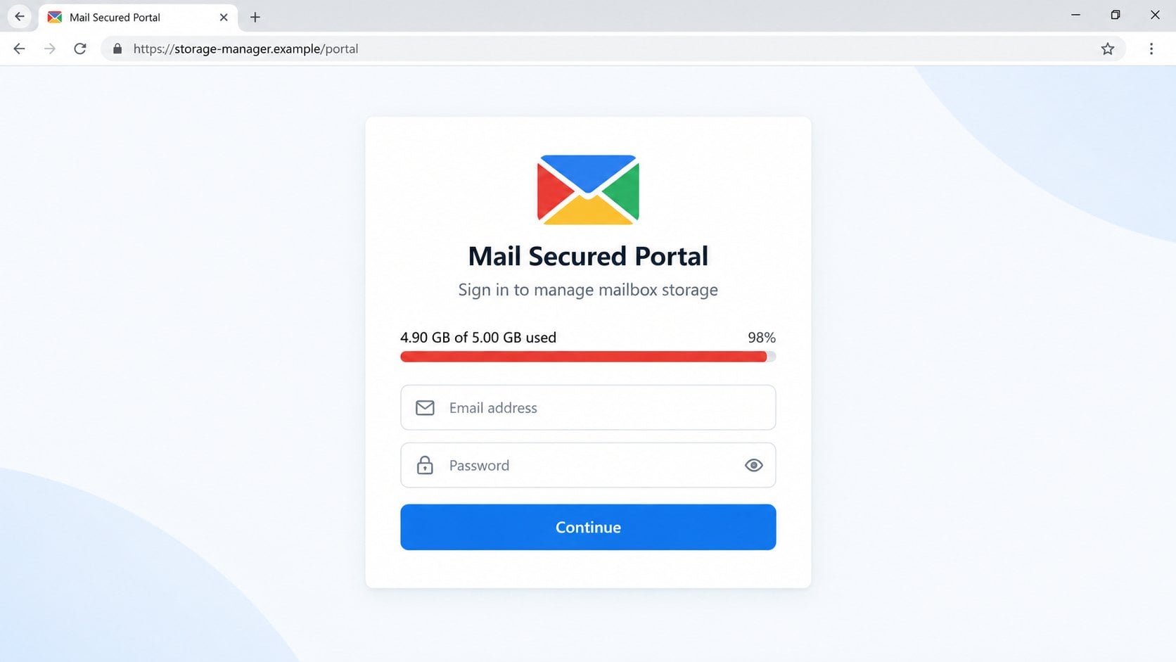 Illustrative fake Mail Secured Portal requesting credentials to manage storage