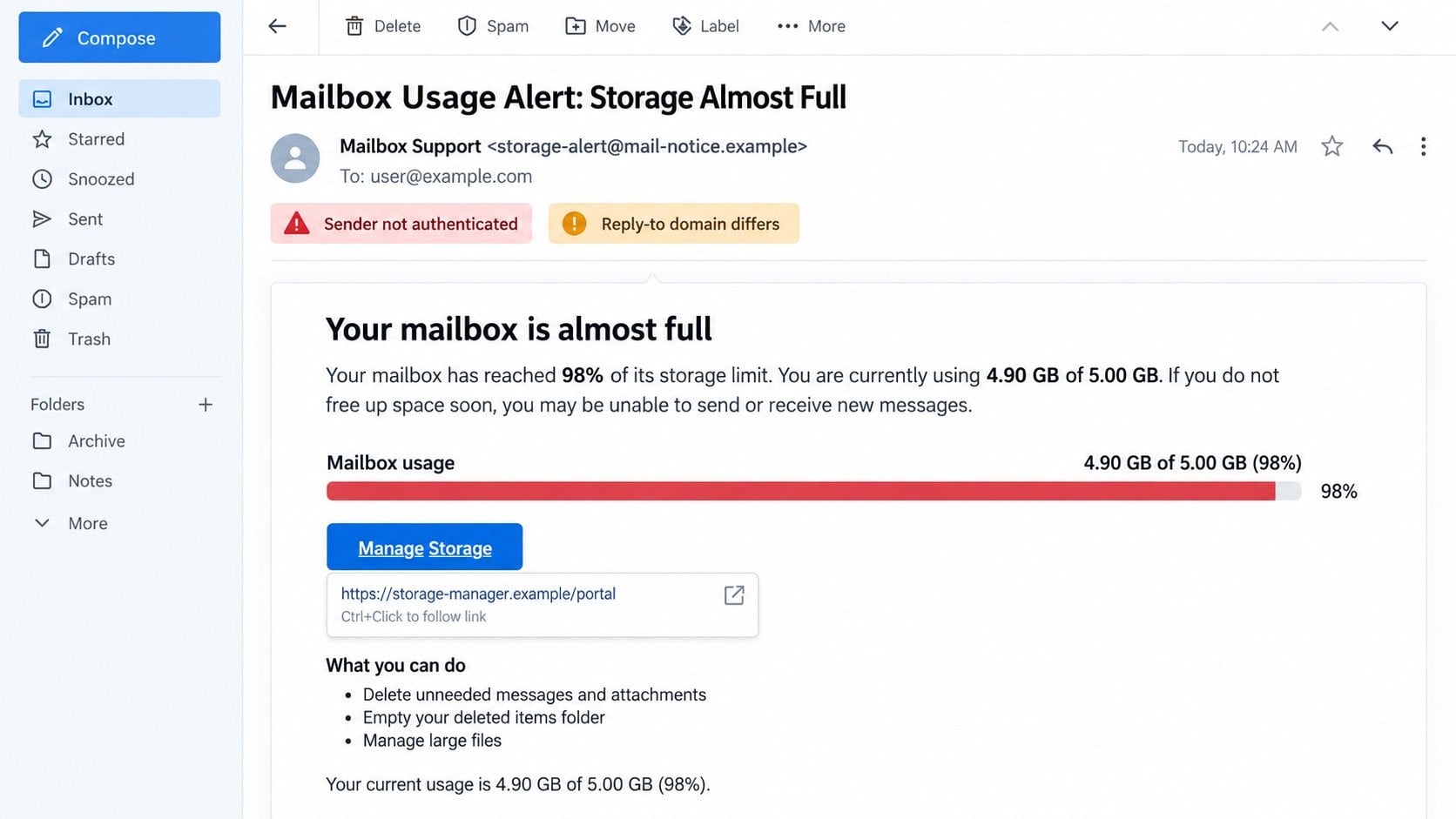 Illustrative expanded storage alert exposing failed sender checks and a fictional link