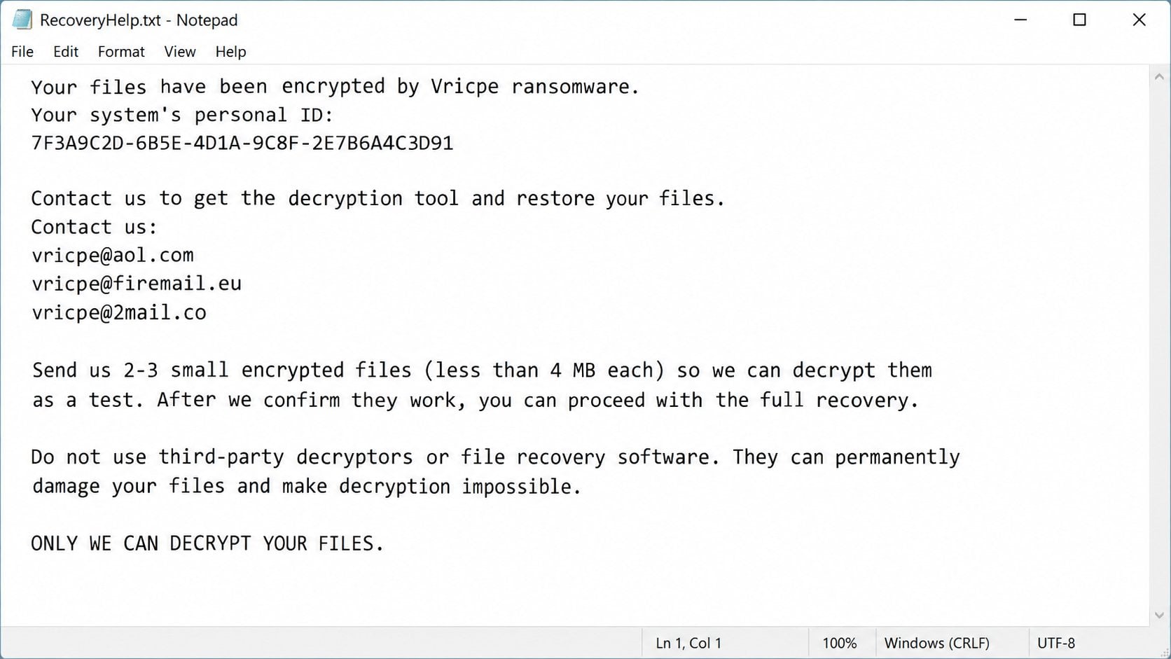 Illustrative Vricpe RecoveryHelp ransom note in a text editor