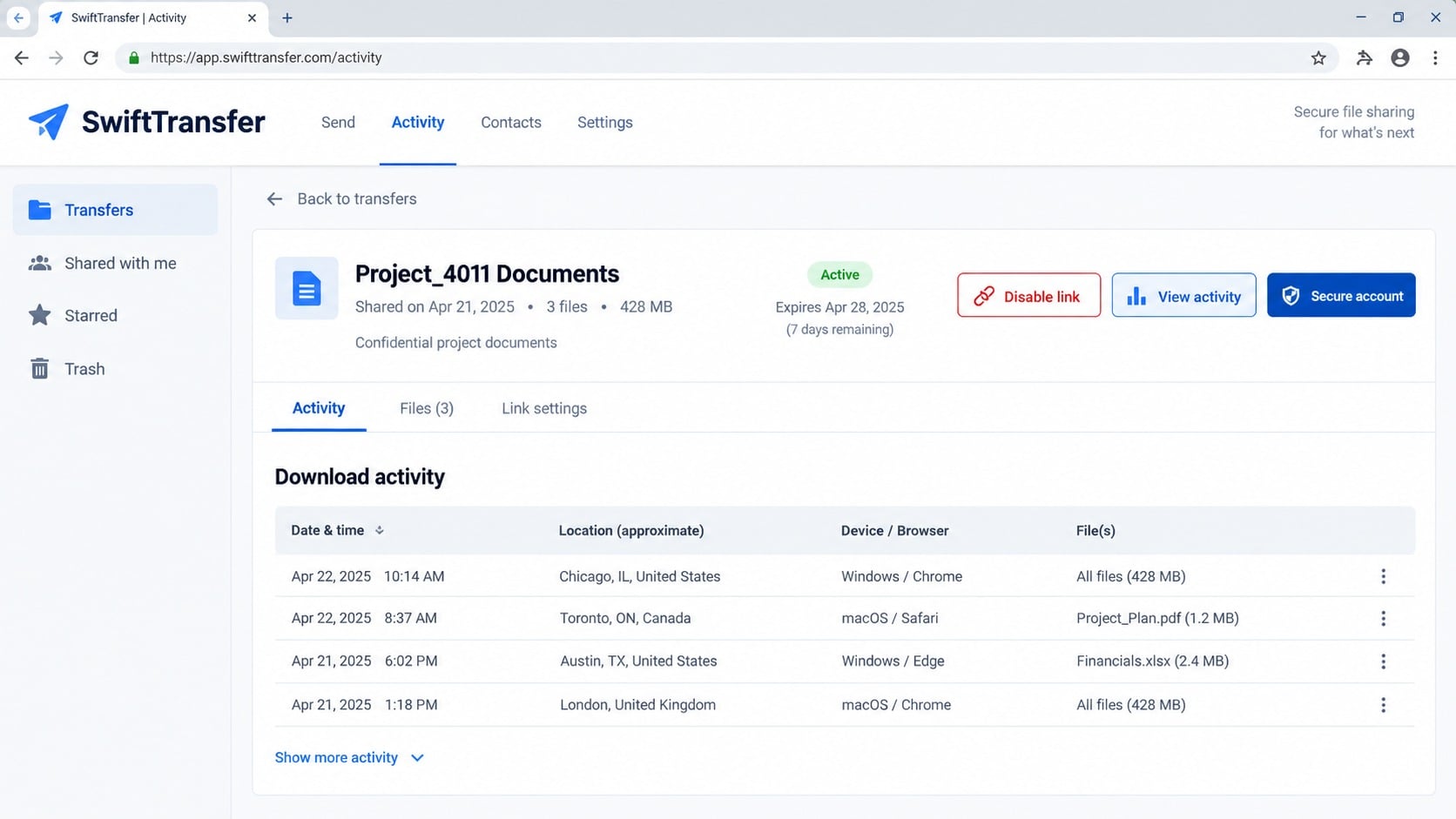 Legitimate file transfer activity dashboard used for independent verification