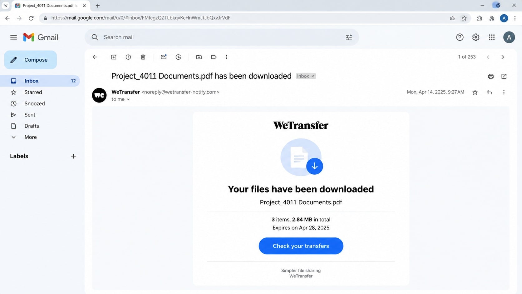 WeTransfer Your Files Have Been Downloaded phishing notification