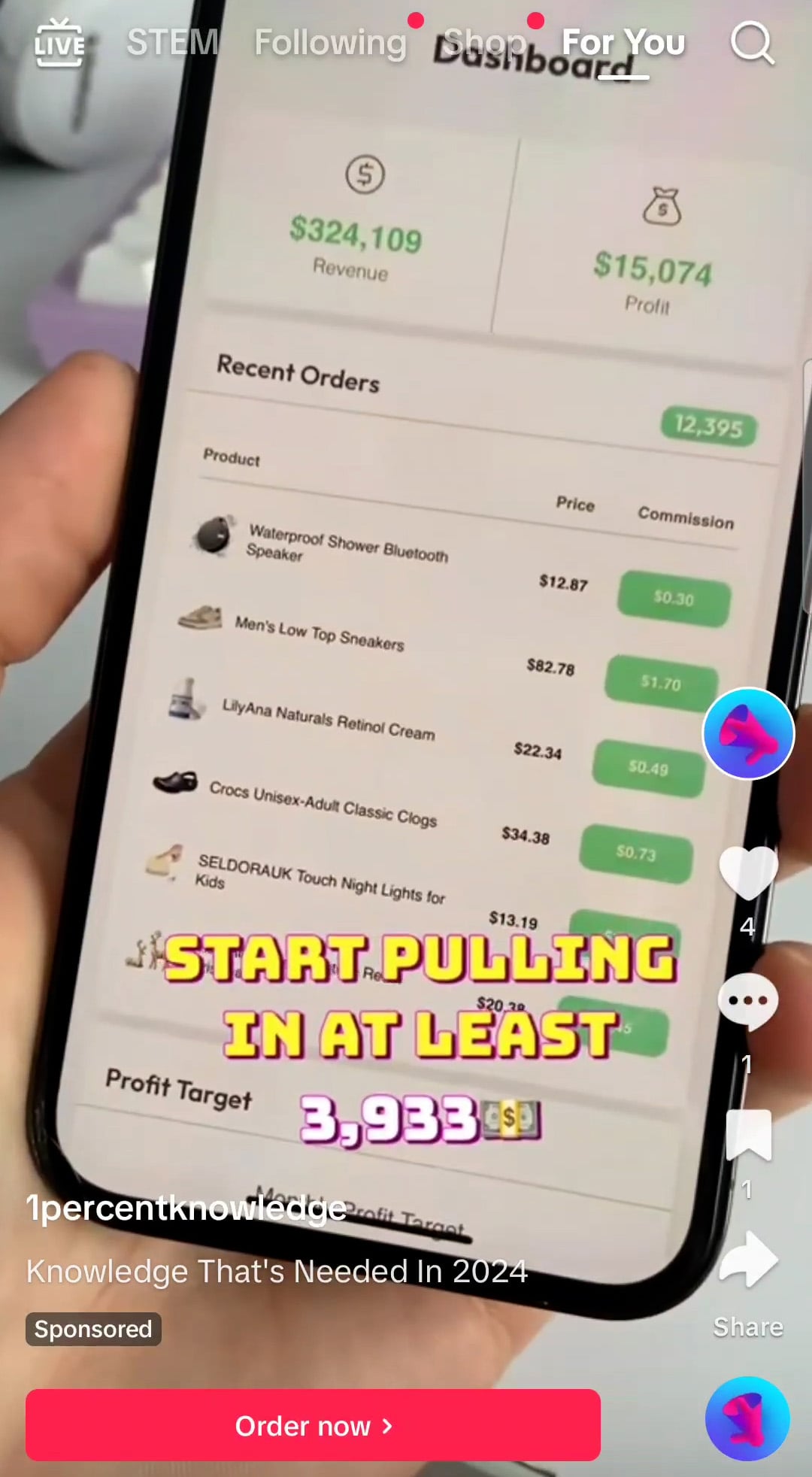 TikTok advertisement displaying large revenue figures for 1 Percent AI