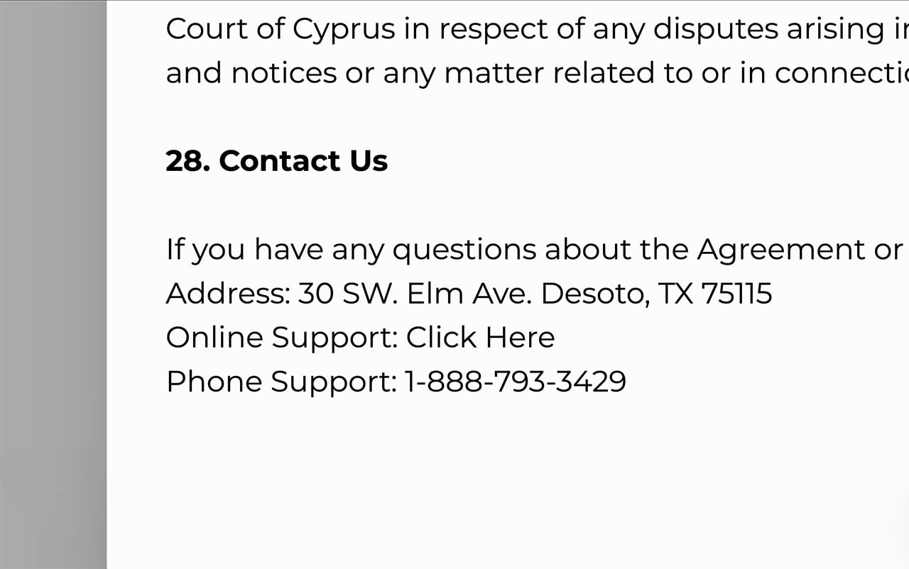 1 Percent AI terms displaying a disputed DeSoto Texas contact address
