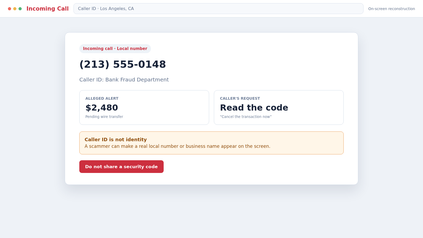213 Area Code Scam Calls and Texts: How Fake Local Numbers Steal Money 1 Reconstructed 213 area code scam call with a fake bank fraud warning