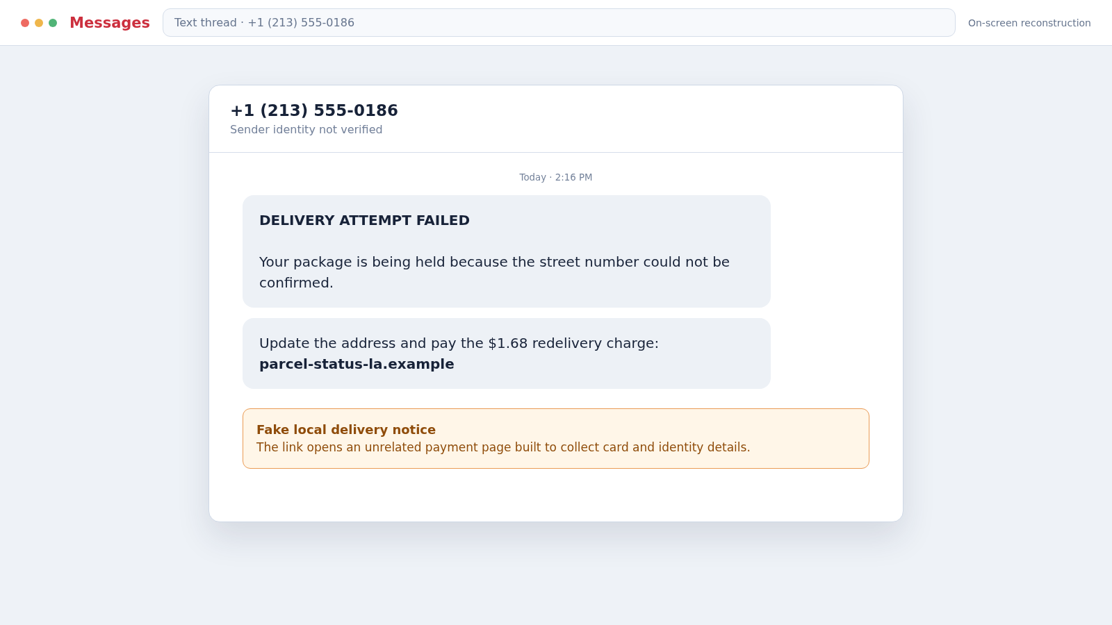 213 Area Code Scam Calls and Texts: How Fake Local Numbers Steal Money 2 Reconstructed 213 area code phishing text leading to a fake delivery payment page