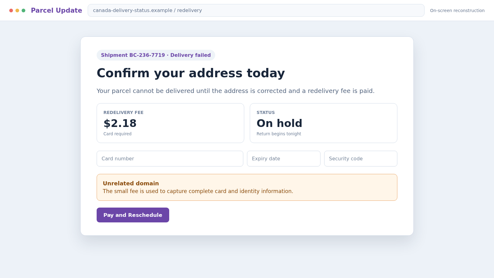 236 Area Code Scams: How Spoofed Local Calls and Texts Steal Your Money 2 Reconstructed 236 Area Code scam delivery page requesting a small redelivery fee