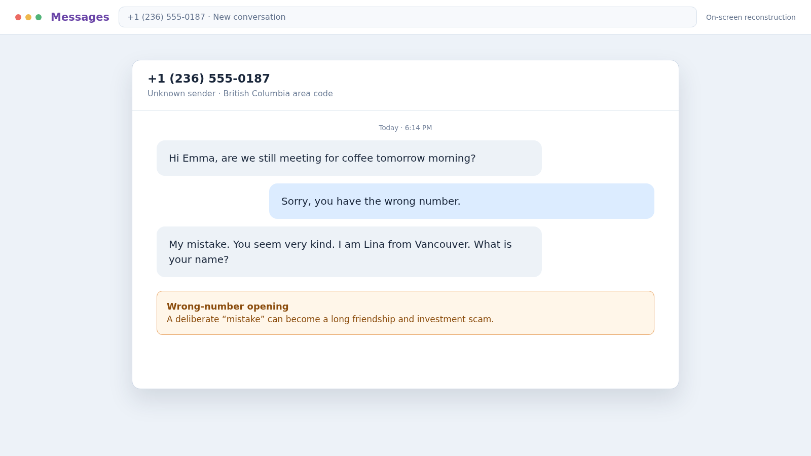 236 Area Code Scams: How Spoofed Local Calls and Texts Steal Your Money 1 Reconstructed 236 Area Code scam wrong-number text starting a friendly conversation